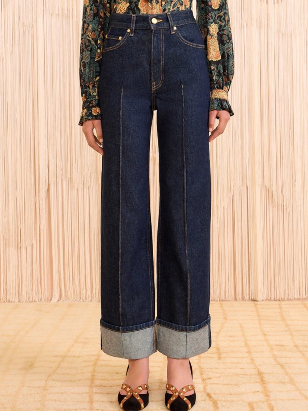 Ulla Johnson Dark Indigo Wide-Leg Cuffed Jeans